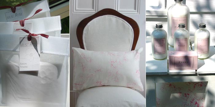 soap in fabric pouch, pillow on chair, bottles of body lotion